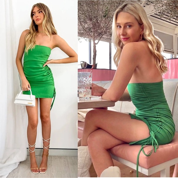 SNDYS X MOLLY KING Green Strapless Ruched Tie Side Slit Sleeveless Mini Dress 6 - Picture 1 of 16